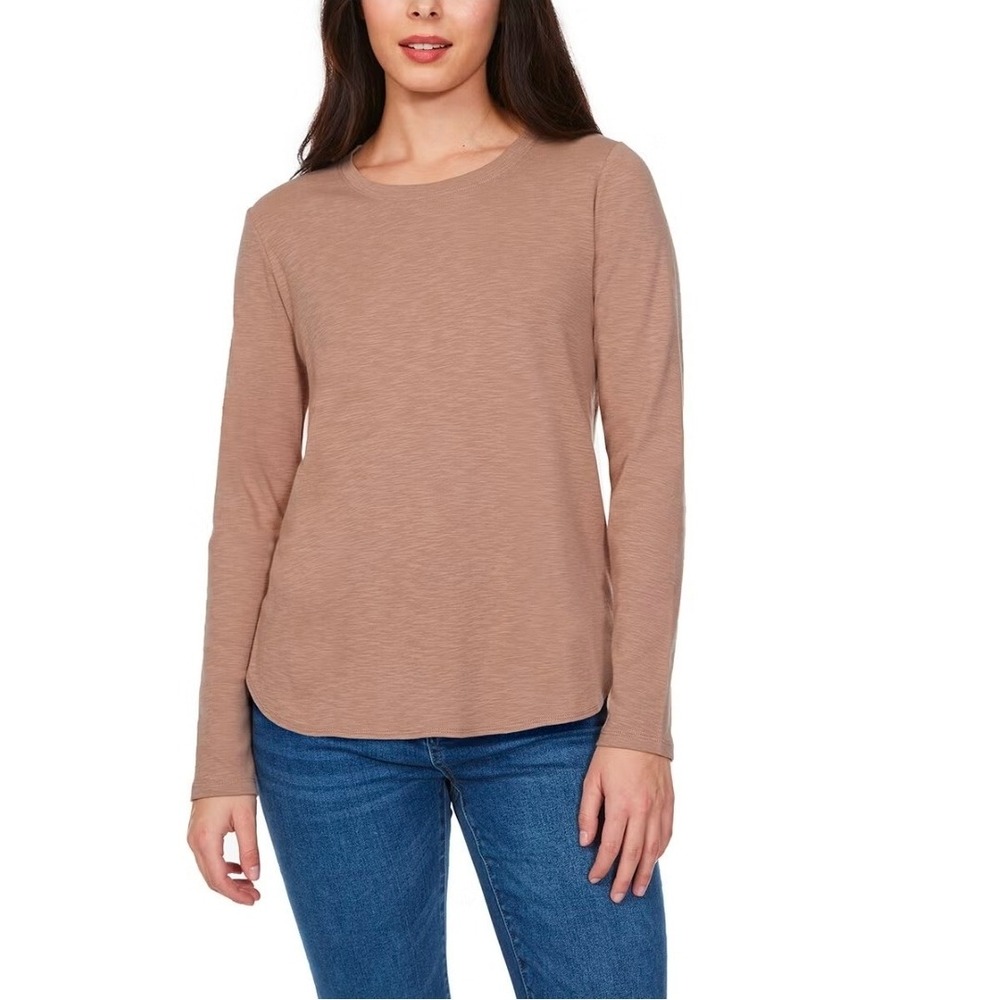 Kirkland Signature Womens Tan Long Sleeve Slub Cotton Crewneck Tee M 7771740